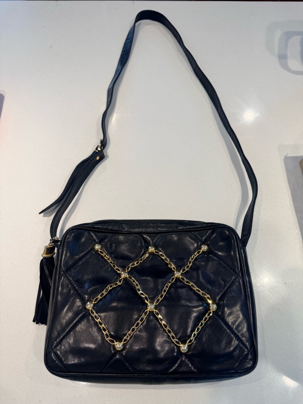 Vintage Andre Cellini Black Quilted Crossbody Bag with Gold Chain Accent